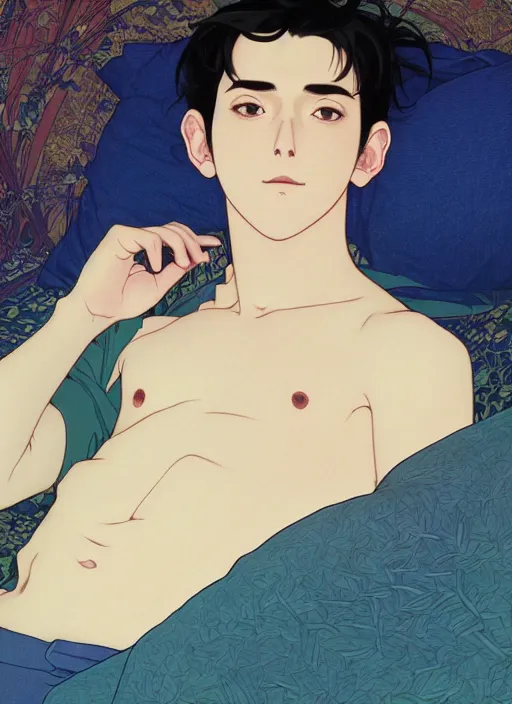 Prompt: handsome young man with short black hair, male, dressed in blue, half body shot, laying in bed, path traced, highly detailed, high quality, digital painting, by studio ghibli and alphonse mucha, leesha hannigan, hidari, art nouveau, chiho aoshima, posuka demizu