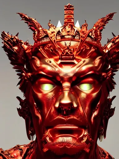 Prompt: portrait of a red male demon king face wearing shiny demonic crown, subtle dark accents and large fire wings, hyper details, black metal rococo, sculpted by Alex Alice, Craig Mullins, Yoji shinkawa, trending on artstation, beautifully lit, Peter Mohrbacher, hyper-detailed, insane details, intricate, elite, elegant, luxury, ray of light through smoke, CGsociety, hypermaximalist, golden ratio, by Greg Rutkowski, volumetric, octane render, weta digital, micro details, 3d sculpture