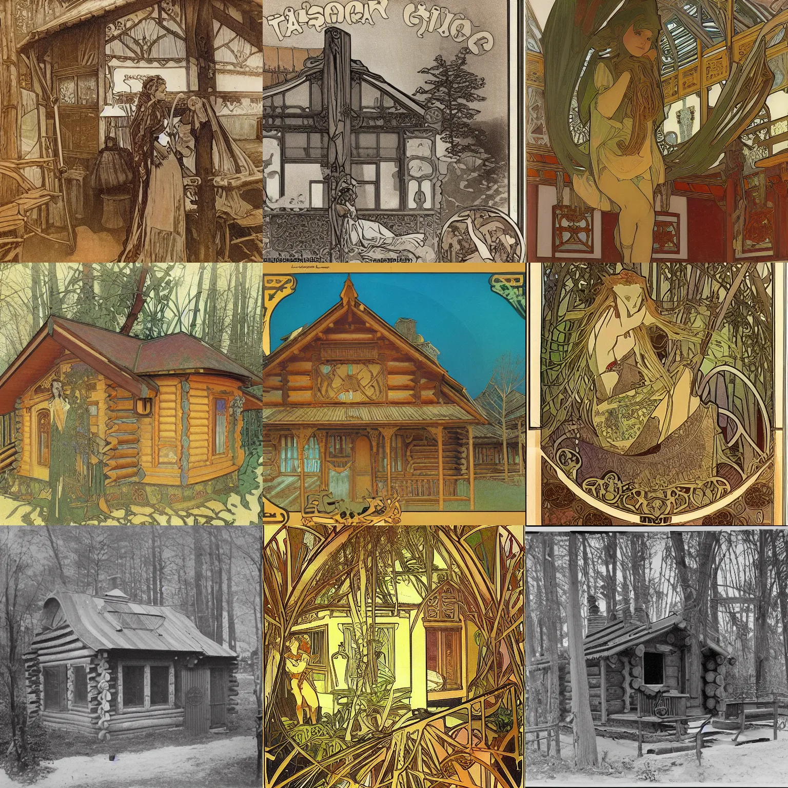 Prompt: a log cabin in the stlye of alphonse mucha