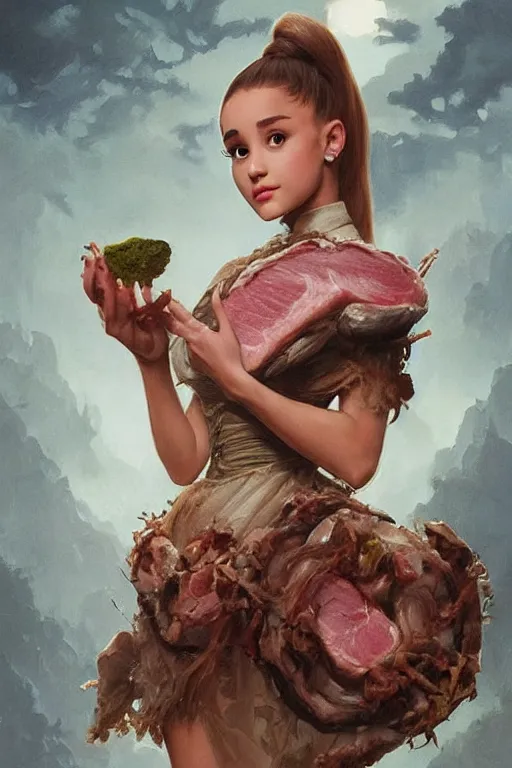 Image similar to beautiful cottagecore Ariana Grande holding a rotten chunk of meat. intricate, elegant. the background is zombies !. highly detailed, digital painting, artstation, concept art, smooth, sharp, focus, illustration. . art by artgerm and greg rutkowski and alphonse mucha