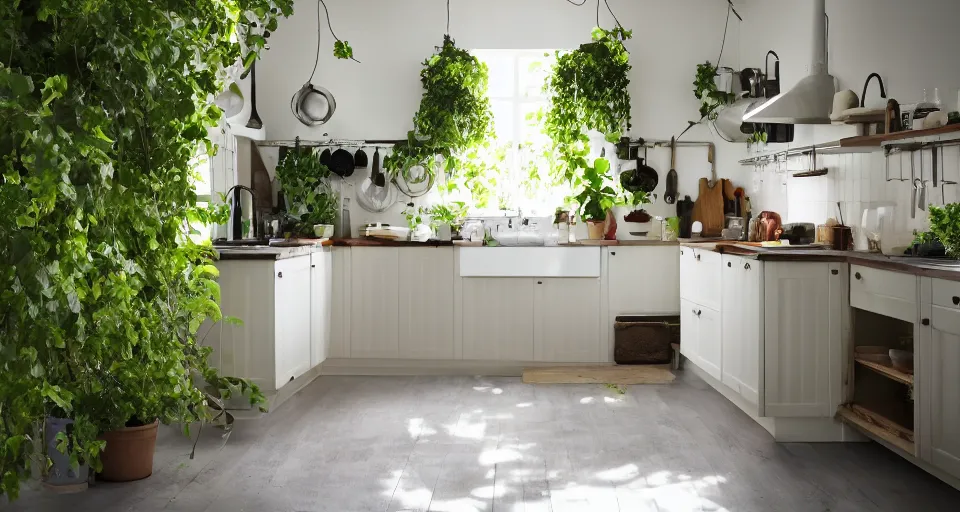 Image similar to IKEA catalogue photo, high end farm house style kitchen, sand piled in corners, dust, organic, vines, overgrown, tropical, by Dali