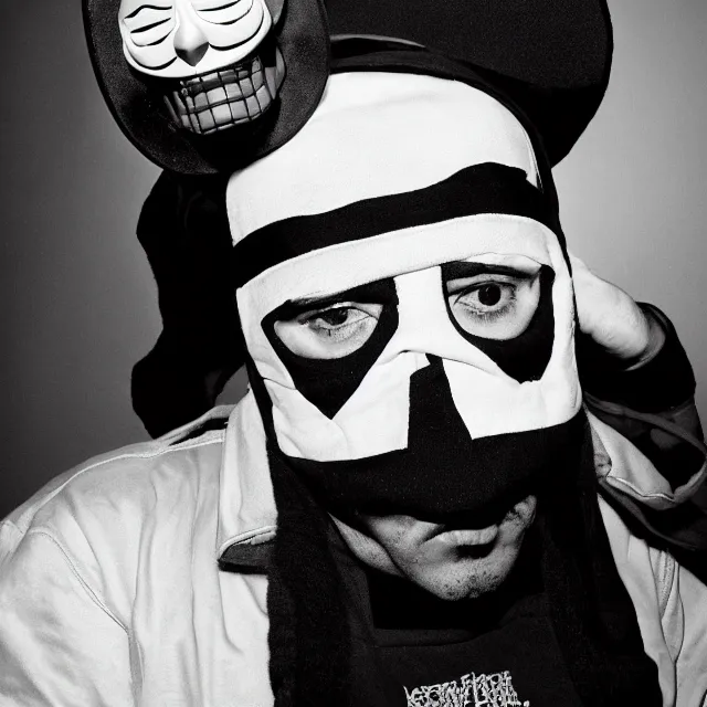 Image similar to a close-up black-and-white studio portrait of Roberto Bolaños Chaves El Chavo del Ocho wearing the MF Doom mask. Madvillain album cover