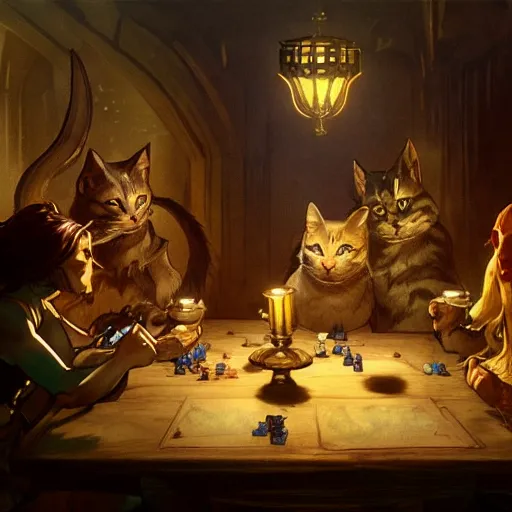 Prompt: a group of cats playing dungeons and dragons around a table in a dark cellar. soft ligthing from candles. dungeon map on the table. concept art, high details. by greg rutkowski and alphonse mucha. artstation hq