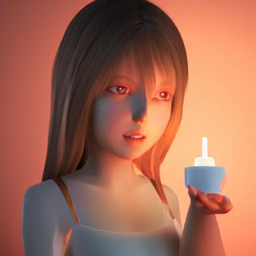 Image similar to A cute girl holding a glowing candle, fragile, soft, vray, Cimema 4D, 3d character, game character