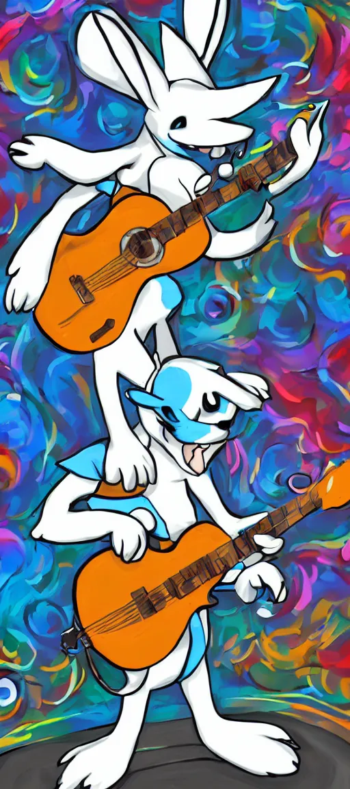 Image similar to K.K Slider playing guitar at a concert with lucario, portrait full body, digital art, high quality, detailed, beautiful colors, mesmerizing