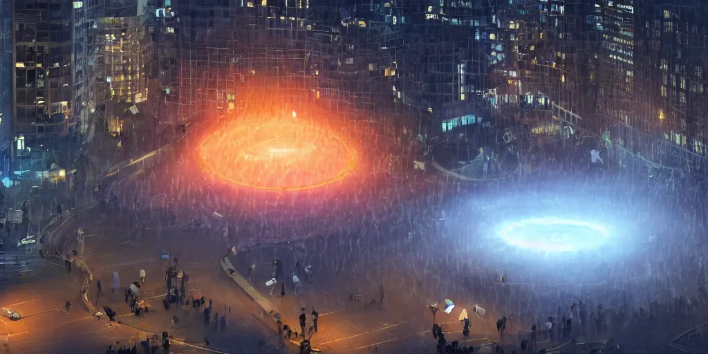 Prompt: policemen protecting a huge orange spiral - shaped bright white luminous attractor that is floating right in the center of the city from protesting people,, rain and light fog, professional lighting, concept art in 3 d, high detail, professional lighting, unreal engine