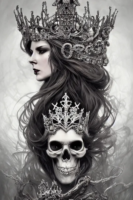 Image similar to skull queen with an origami crown, hints of silver jewelry, gothic, eerie, intricate detail, dramatic lighting, mist, grey, 4k, fantasy, intricate, very very beautiful, elegant, highly detailed, digital painting, artstation, concept art, smooth, sharp focus, illustration, art by artgerm and greg rutkowski and alphonse mucha