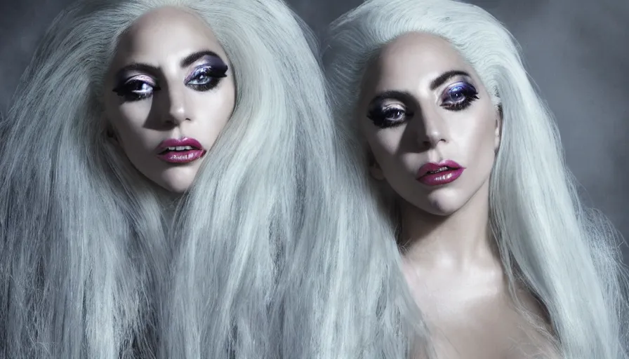 Image similar to lady gaga with long white hair , an album cover by Hedi Xandt, featured on vogue, steven klein, holography, smokey background, matte background, High resolution. Highly detailed. Dramatic. 8k.4k.