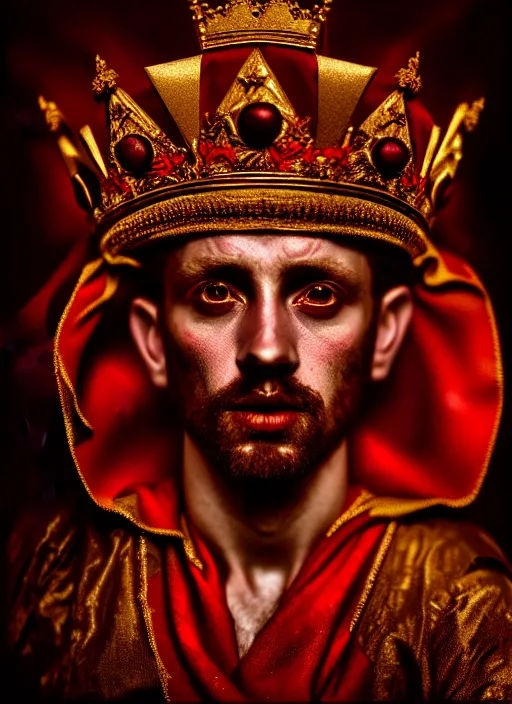 Image similar to 'Portrait of Crowned King Arthur' by Lee Jeffries royally decorated, whirling plasma, atmospheric motes, red and gold Sumptuous garb, gilt silk fabric, radiant colors, fantasy, perfect lighting, studio lit, micro details,