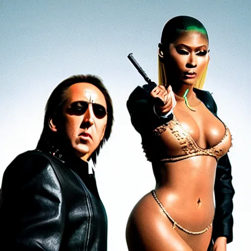 Image similar to nicolas cage as neo and nicki minaj as trinity, in the matrix