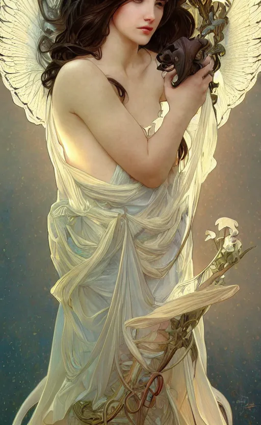 Prompt: a photograpic portrait of a pretty woman, angel, fantasy, intricate, elegant, highly detailed, digital painting, artstation, centered, concept art, smooth, sharp focus, arc, illustration, art by artgerm and alphonse mucha