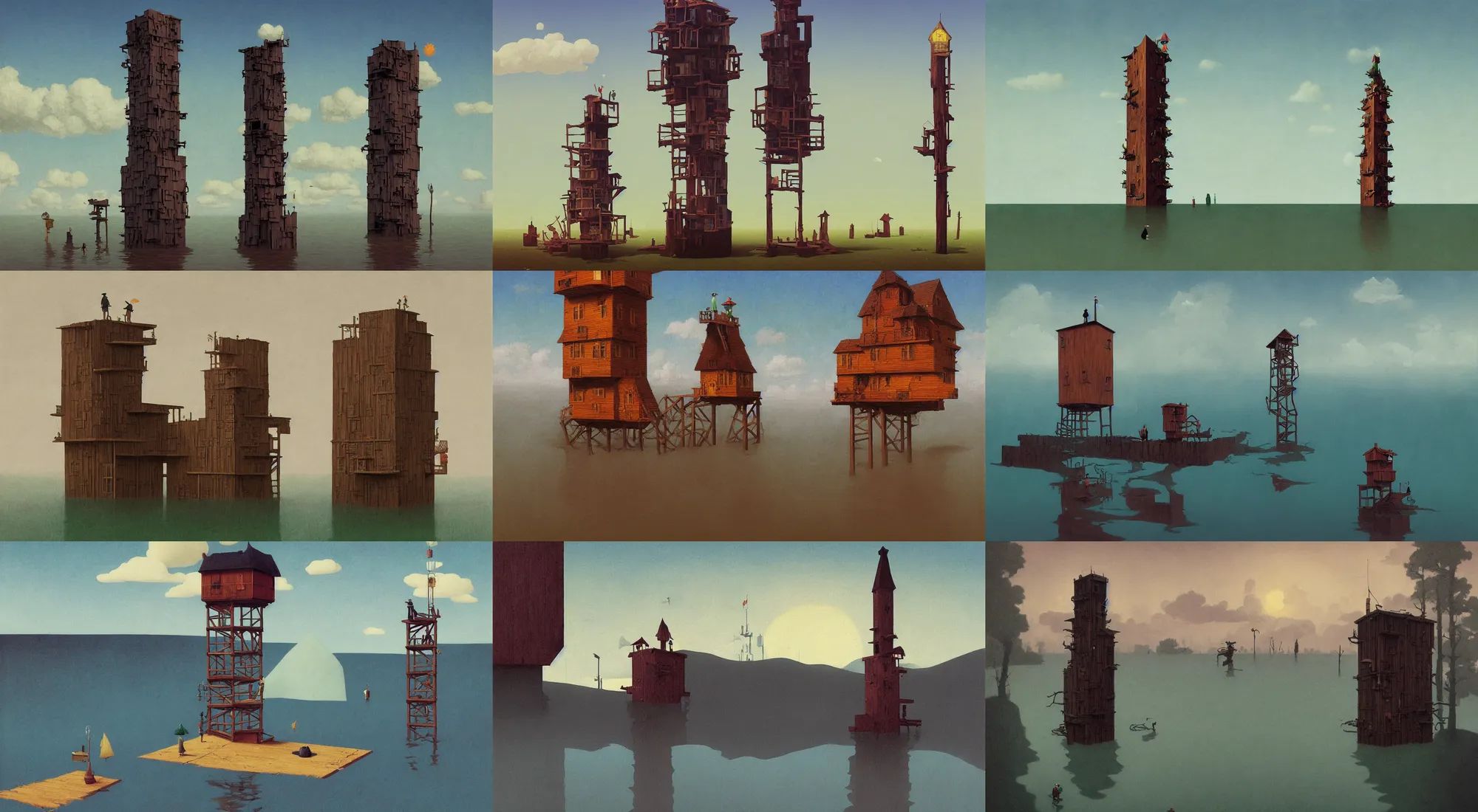 Prompt: single flooded simple surreal wooden tower, very coherent and colorful high contrast!! masterpiece by rene magritte simon stalenhag carl spitzweg syd mead norman rockwell edward hopper james gilleard, minimalist, dark shadows, sunny day, hard lighting