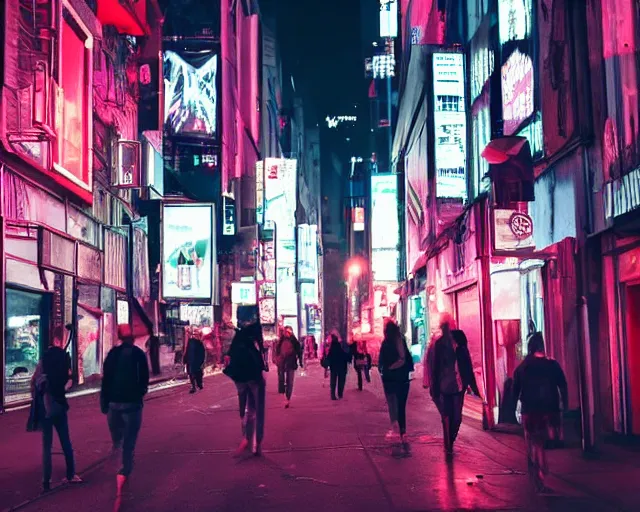 Image similar to people walking down a cyberpunk street at night