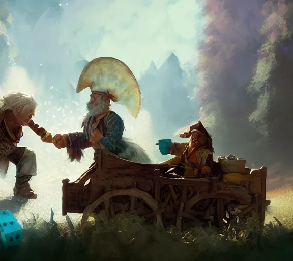 Image similar to a white haired dwarf and a pirate halfling gambling with dice near a creak and wagon, illustration by craig mullins, wlop, highly detailed, colorful, unreal engine, octane render, dramatic lighting, cinematic composition, wide shot