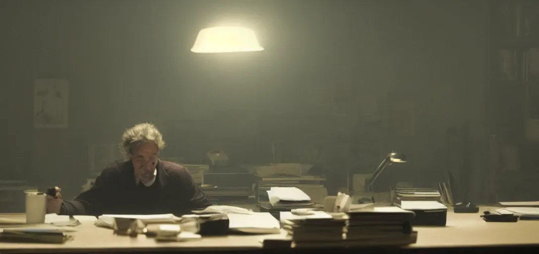 Prompt: an isolated man working at his desk, foggy, cinematic shot, photo still from movie by denis villeneuve, wayne barlowe