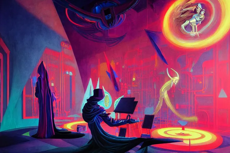 Prompt: a beautiful masterpiece painting of a technomancer wizard in robes with pointed hood creating a synthesized AI djinn in his laboratory near a computer by Remedios Varo and Anato Finnstark and Greg Rutkowski, dayglo pink, dayglo blue, dazzle camouflage