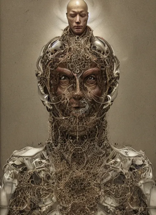 Prompt: portrait of a meditating cyborg monk, sacred scolls, fractal, in the style of ghosts in the shell, intricate ornaments, elegant, highly detailed, digital photography, subsurface scattering, by jheronimus bosch and greg rutkowski,