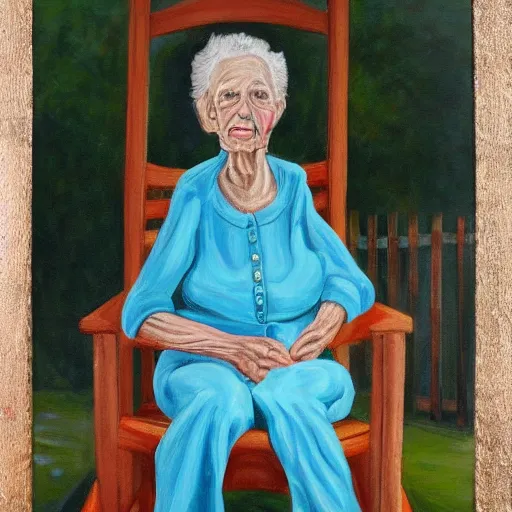 Image similar to painting of an elderly woman sitting in a rocking chair on a porch, appalachian folk art