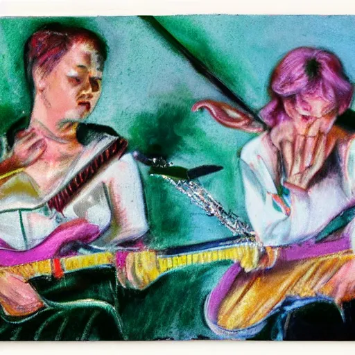 Image similar to women playing guitar, televisions, hd, photoreal cinema still, pastel in the style of bruce weber