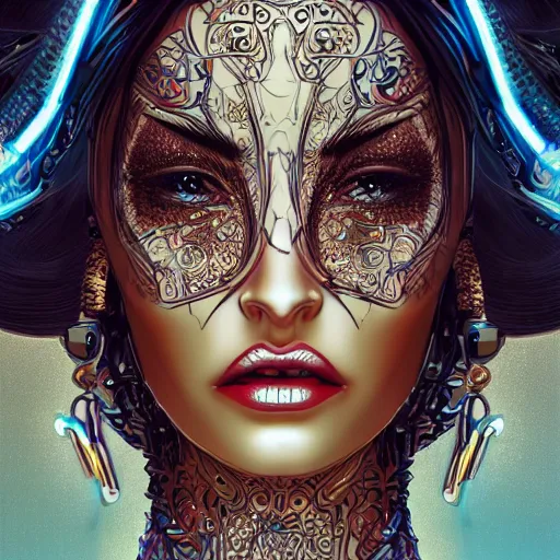 Prompt: the portrait of an absurdly elegant, sophisticated, fashionable ottomanpunk robotess idol, an ultrafine illustration of young african megan fox mix by kim jisu, intricate linework, neon wiring, fashion, porcelain skin, unreal engine 5 highly rendered, global illumination, radiant light, detailed and intricate environment, by rutkowski, artgerm, marvel comics