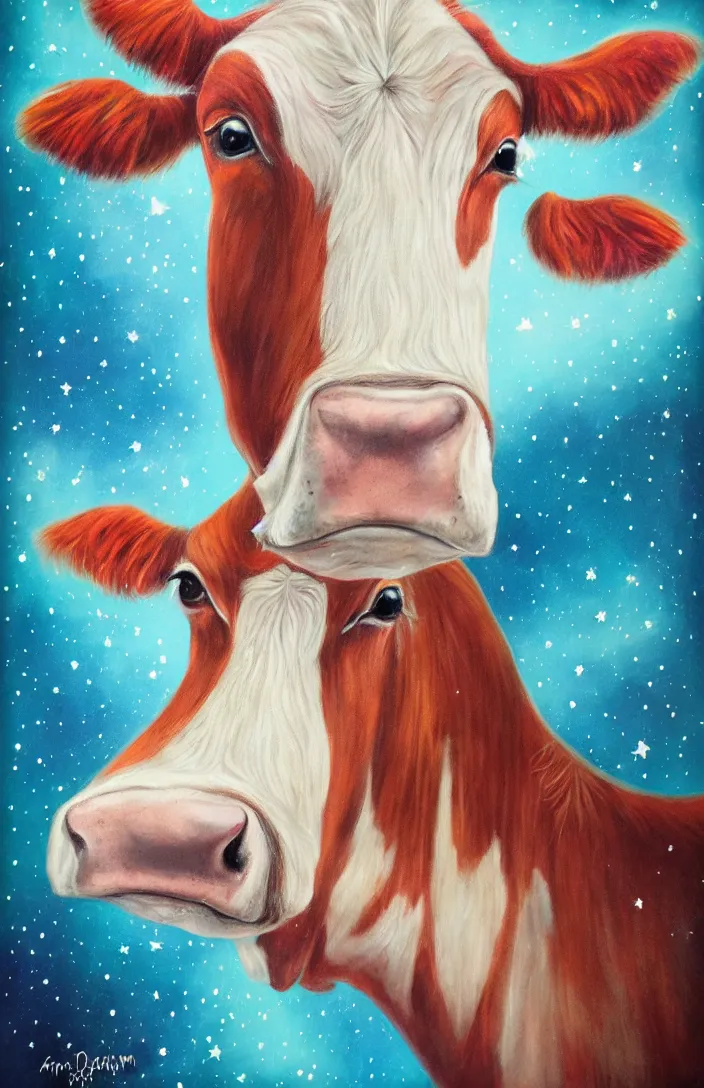 Image similar to cow in the stars in the style of Anna Dittman