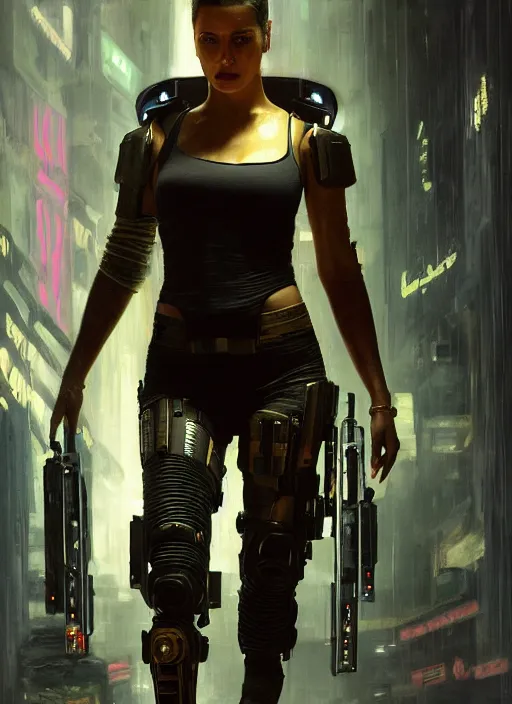 Prompt: Sonya Lopez. Cyberpunk hitwoman wearing military vest walking through nightclub (blade runner 2049, cyberpunk 2077). Orientalist portrait by john william waterhouse and James Gurney and Theodore Ralli and Nasreddine Dinet, oil on canvas. Cinematic, hyper realism, realistic proportions, dramatic lighting, high detail 4k