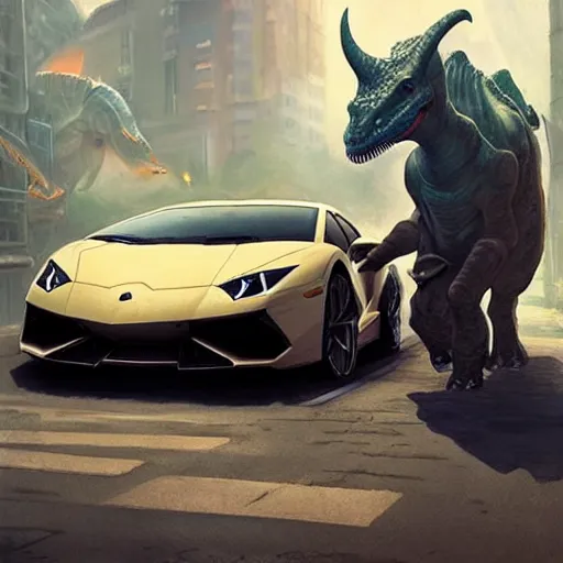 Image similar to lamborghini with dinosaur near a mc donald store, highly detailed, concept art, art by wlop and artgerm and greg rutkowski, masterpiece, trending on artstation, 8 k