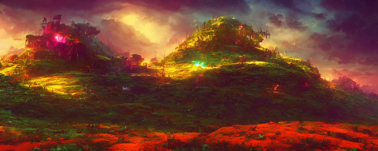 Image similar to ” otherwordly landscape rolling hills, [ cinematic, detailed, epic, widescreen, opening, establishing, mattepainting, photorealistic, realistic textures, octane render, art by paul lehr ] ”