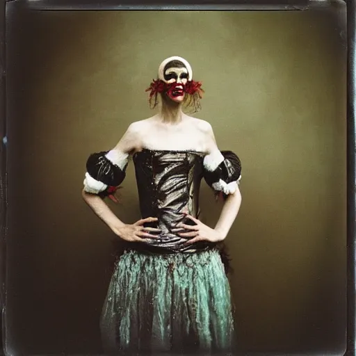 Image similar to kodak portra 4 0 0, wetplate, photo of a surreal artsy dream scene,, girl, weird fashion, grotesque, extravagant dress, carneval, animal, wtf, photographed by paolo roversi style