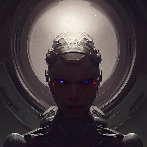 Image similar to professional concept art portrait of a predatory robotic species in a dark room by artgerm and greg rutkowski. an intricate, elegant, highly detailed digital painting, concept art, smooth, sharp focus, illustration, in the style of cam sykes.