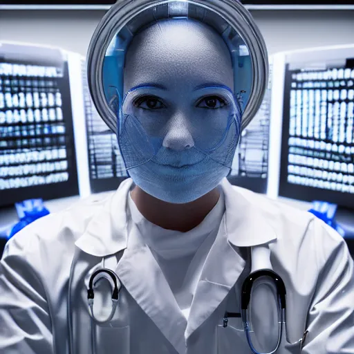 Image similar to ultra realistic and intricate detailed portrait photograph of a futuristic surgeon, standing inside futuristic operating room, full length, doctor, medicine, healthcare, technology, innovation, bright modern style, depth of field, ambient lighting, award winning, magazine cover,