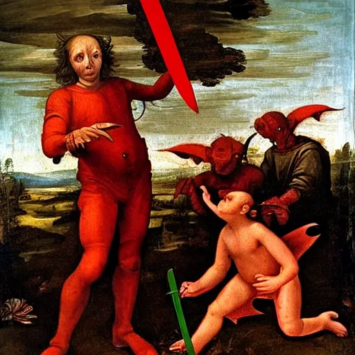 Prompt: Renaissance painting of goblin with red eyes raging rusty sword