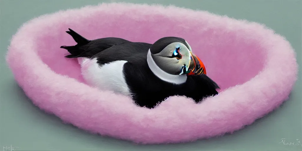 Prompt: realistic puffin sitting in a pink fluffy bed, hyper detailed, trending on artstation