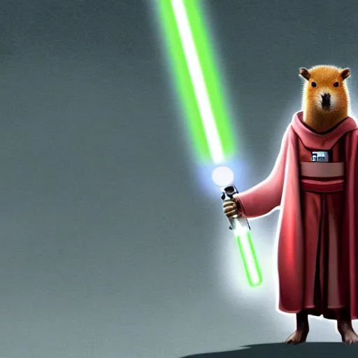 Image similar to an illustration of a capybara wearing a sith robe and holding a lightsaber, Digital art