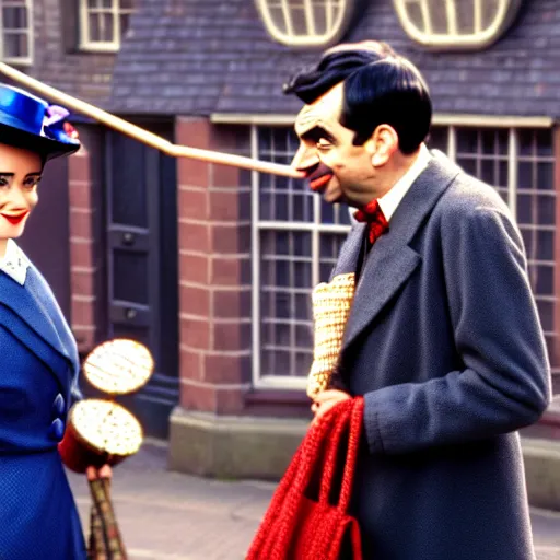 Prompt: mr bean as mary poppins. movie still. cinematic lighting.
