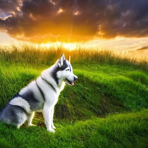 Prompt: siberian husky, beautiful grassy landscape, beautiful sunset, clouds in a sky, green field, award winning wallpaper, dslr photography, clear image, global illumination, radiant lighting, intricate environment