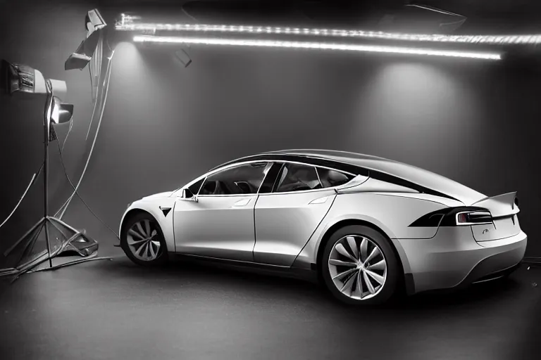 Prompt: a 2 8 mm closeup photo of a tesla car in a photo studio, hyper detailed, smooth, high contrast, volumetric lighting, octane, craig mullins, cinematic