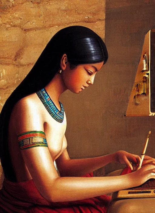 Image similar to ancient egypt painting girl using computer, 4 k, high quality, sharp fucos