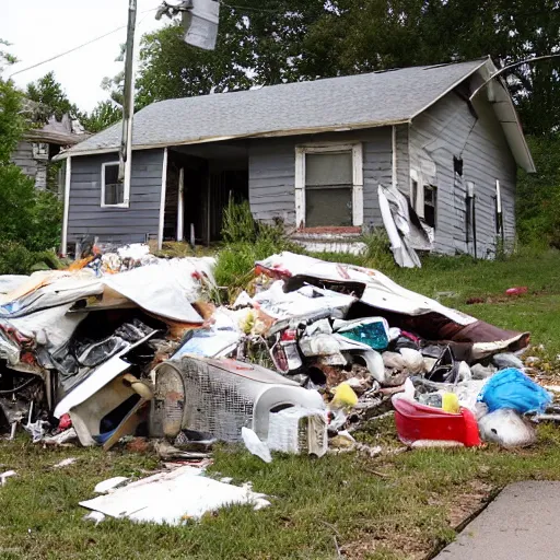 Image similar to a run down house with stacks of trash 1 0 feet high in front of the house. run down house is in a suburban neighborhood in america.