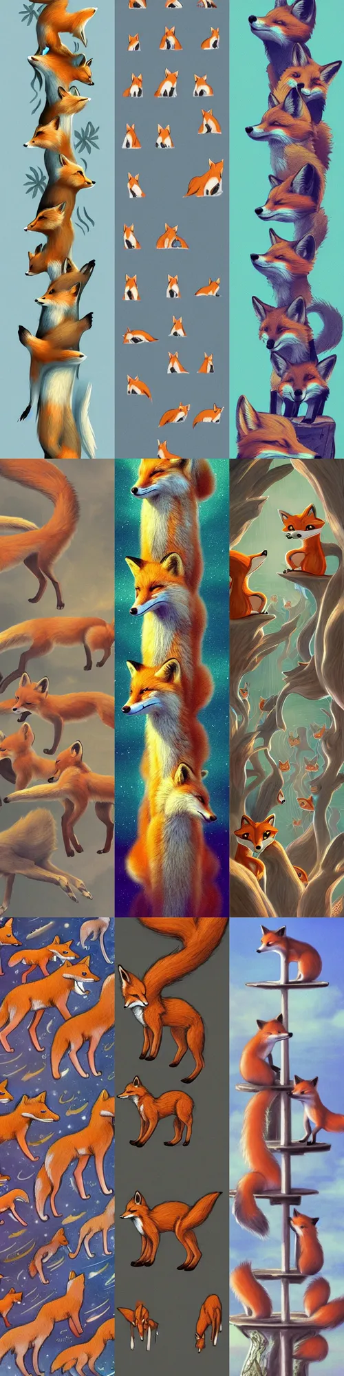 Prompt: foxes all the way down, infinitely tall stack of foxes, surreal concept art, space