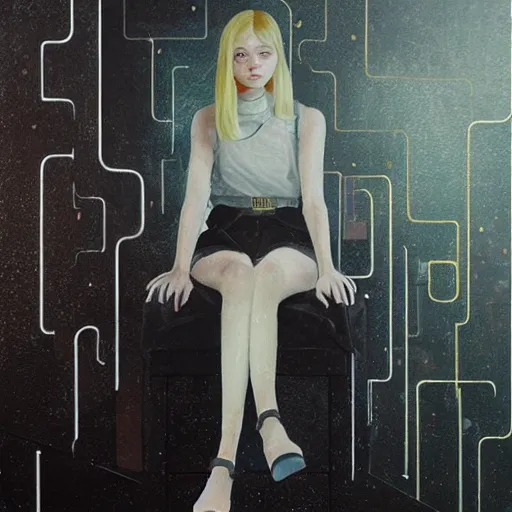 Prompt: Elle Fanning in Blade Runner picture by Sachin Teng, asymmetrical, Roger Deakin’s cinematography, dark vibes, Realistic Painting , Organic painting, Matte Painting, geometric shapes, hard edges, graffiti, street art:2 by Sachin Teng:4