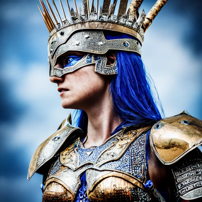 Image similar to photo of a warrior queen wearing sapphire encrusted armour, highly detailed, 4 k, hdr, smooth, sharp focus, high resolution, award - winning photo