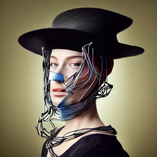 Prompt: a beautiful futuristic portrait with hat made by wires and gauze twisted around her face and cover, necklace made by wires, design by leonardo davinci, inspired by michael angelo, modern art, baroque, jewelry, new classic, hyper realistic, highly detailed, cinematic composition, cinematic lighting, fashion design, concept art, hdri, 4 k