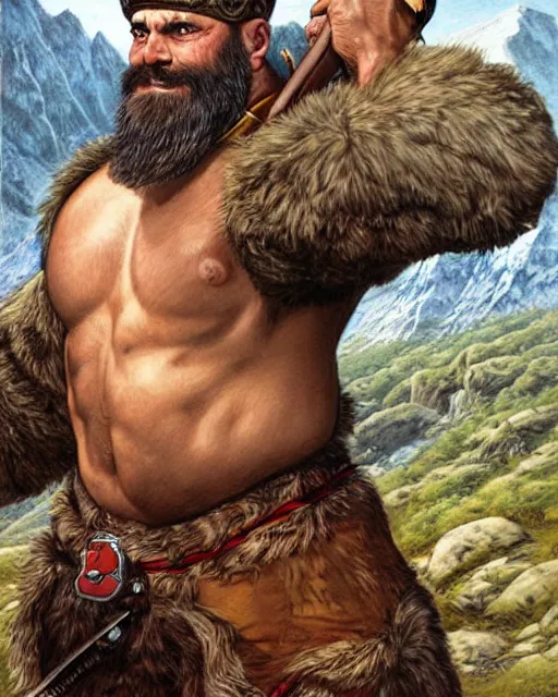 Image similar to a bald warrior male dwarf with long brown beard in a mountainous landscape, art by mark brooks, jason edmiston, glenn fabry