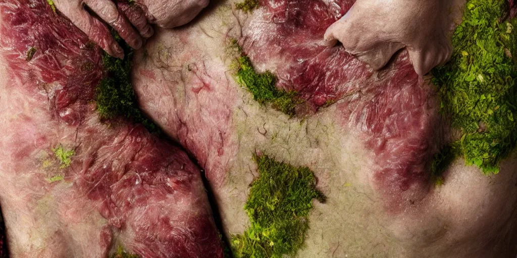 Prompt: details of moss growing on flesh and skin, meat, flower texture details, painitng, wrinkles and muscle tissues, stab wound petals, oil on canvas, 4k, 8K, photorealistic, soft light, cinematic lighting, sharp, contrasting, dramatic light