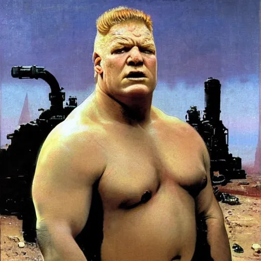 Prompt: head and shoulders portrait of brock lesnar as baron harkonnen from dune 1982 movie, background dystopian scifi palace, painted by norman rockwell and tom lovell and frank schoonover