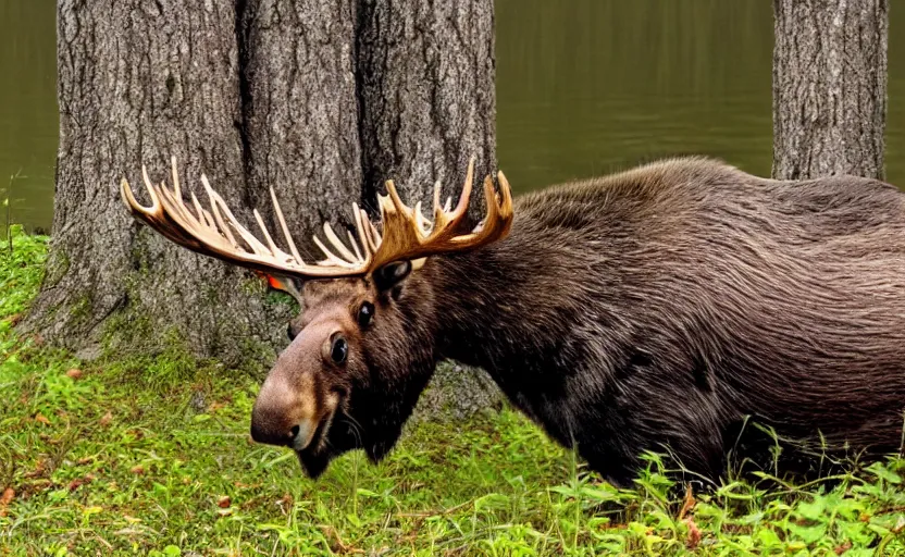 Prompt: moose hybrid beaver head antlers, tail, rodent, teeth, drinking at a lake, photorealistic, photography, nature, forest, wildlife