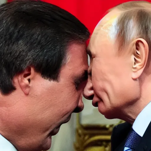 Prompt: vladimir putin kissing jair bolsonaro, very detailed