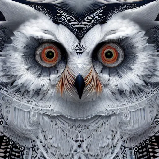 Image similar to detailed portrait of a ethereal bohemian white owl, halfway through, hyper - detailed, stylistic, symmetrical, 3 d render, 8 k, octane render