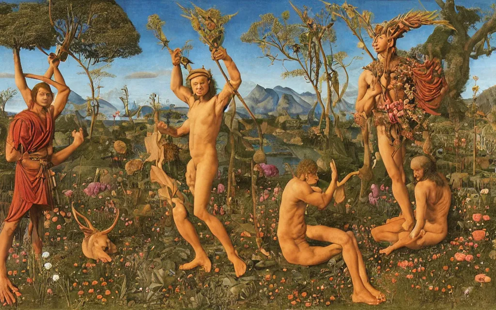 Image similar to a portrait photograph of a meditating satyr and a centaur monk riding a rocket machine and hunting at a river delta. surrounded by bulbous flowers and trees. mountain range under a blue sky of fiery stars. by jan van eyck, max ernst, ernst haeckel, ernst fuchs and artgerm, cgsociety, fashion editorial, 8 k